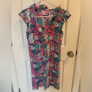 Lily Pulitzer M Dress with ruffle trim and sleeves.  Bright Floral Print.  EUC.